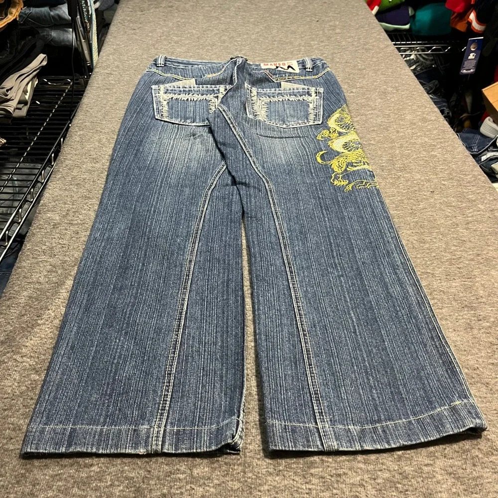 Maker Net Dragon Embroidered Wide Leg Skater Jeans Blue Denim 32x30 Y2K Baggy